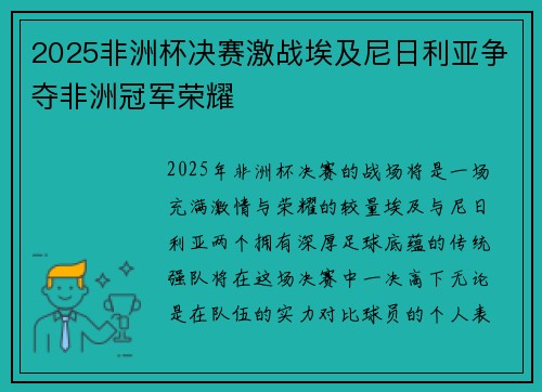 2025非洲杯决赛激战埃及尼日利亚争夺非洲冠军荣耀