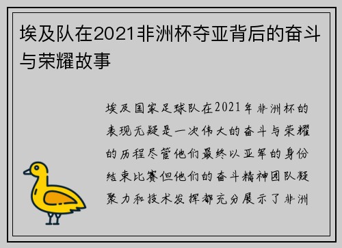 埃及队在2021非洲杯夺亚背后的奋斗与荣耀故事 埃及队在2021非洲杯夺亚背后的奋斗与荣耀故事