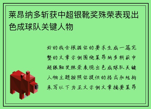 莱昂纳多斩获中超银靴奖殊荣表现出色成球队关键人物 莱昂纳多斩获中超银靴奖殊荣表现出色成球队关键人物